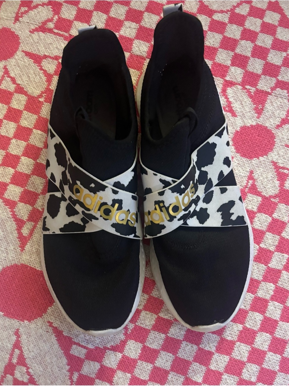adidas Black Slip-On Sneakers with Cow Print Strap and Gold Logo